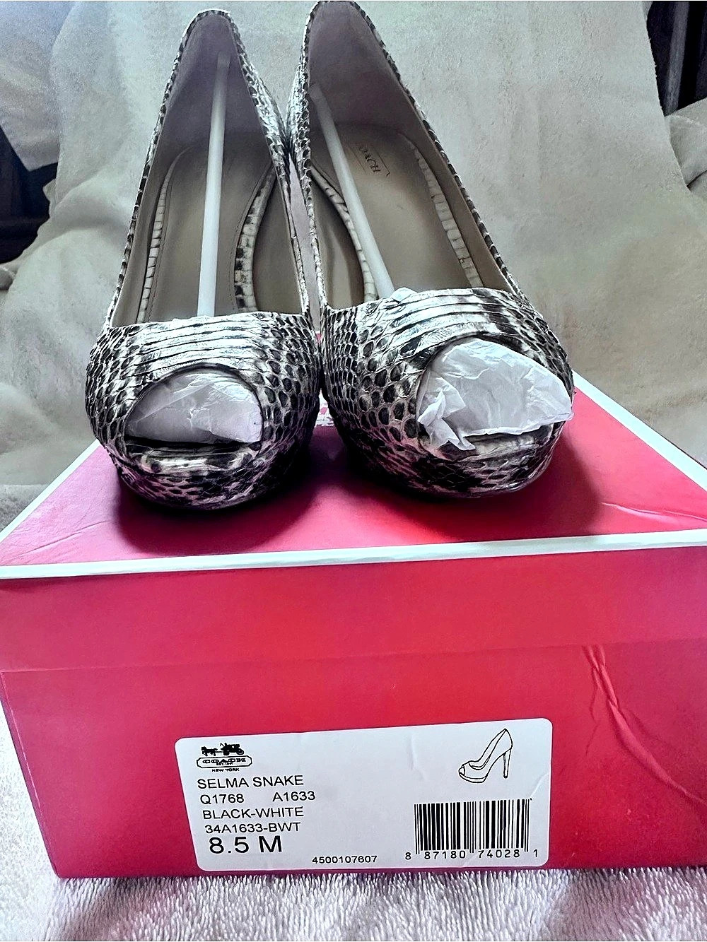 Coach Selma Snake Print Peep-toe Heels in Black & White  US 8.5 Style Q1768